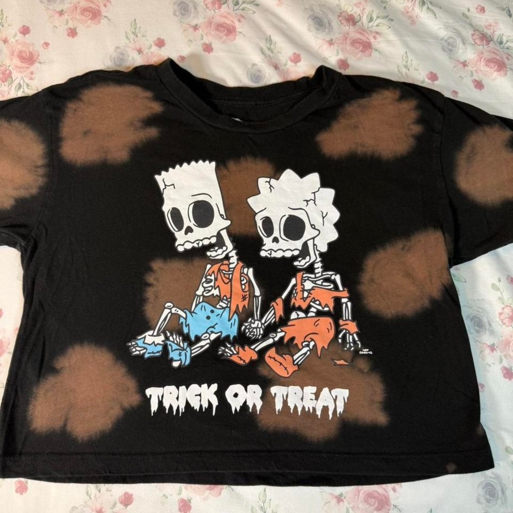 The Simpsons Skeleton Bart Lisa Tie-Dye Cropped‎ T-Shirt Black Size Small